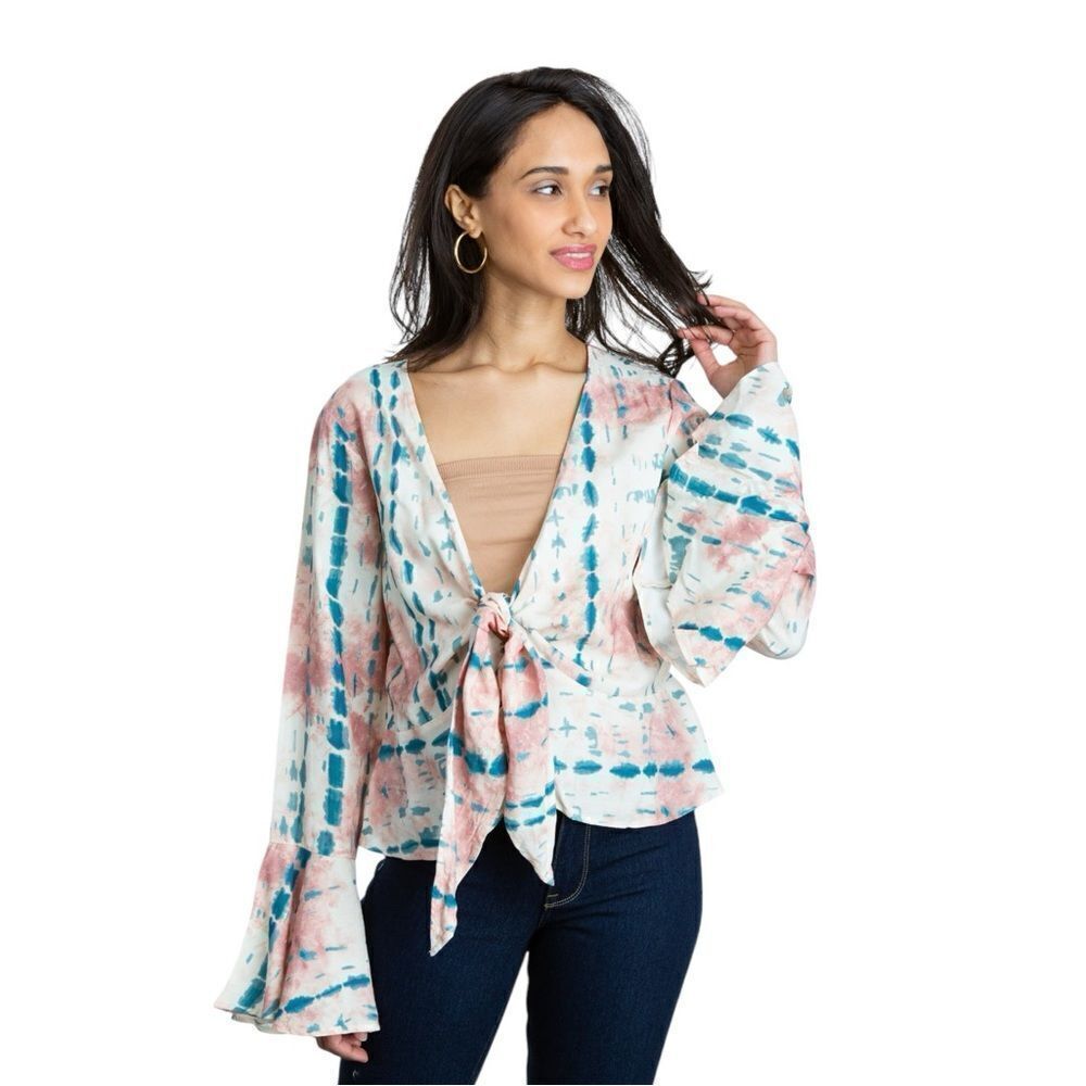 Venus Tie Dye Long Bell Sleeves Front Tie Blouse